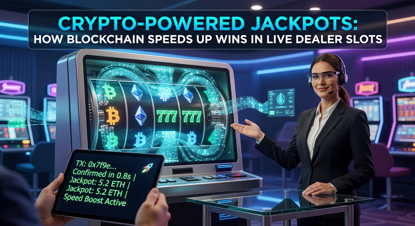 Abbildung einer dynamischen Blockchain-Integration in Live-Dealer-Slots mit leuchtenden Jackpot-Anzeigen und Krypto-Transaktionen